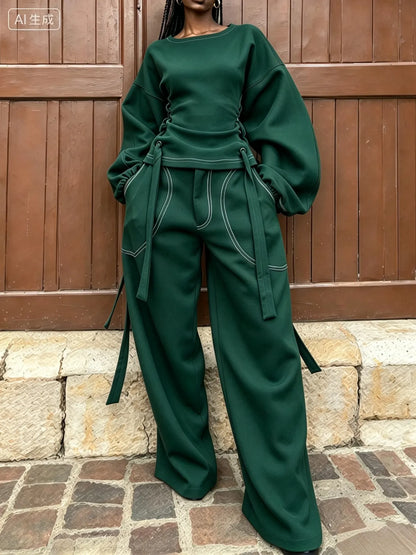 Chocolate Sculpted Top & Wide-Leg Pants Set