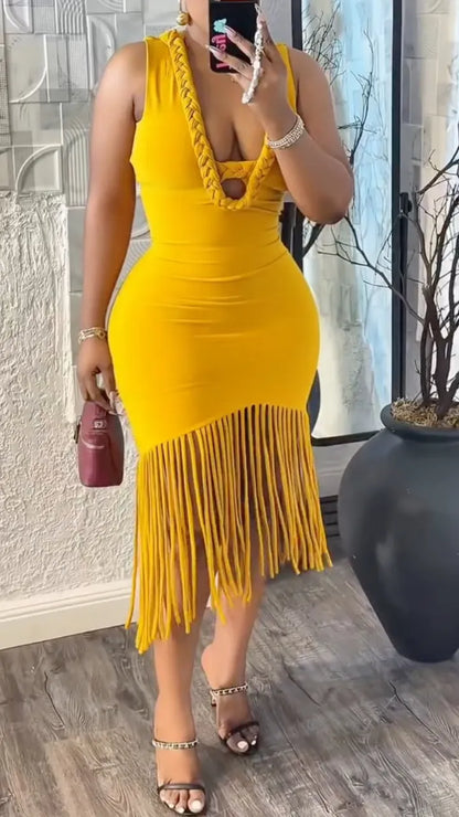 Mustard Braided-Neck Fringe-Hem Bodycon Dress