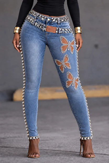 Crystal-Trim Butterfly-Cutout Double-Waist Skinny Jeans