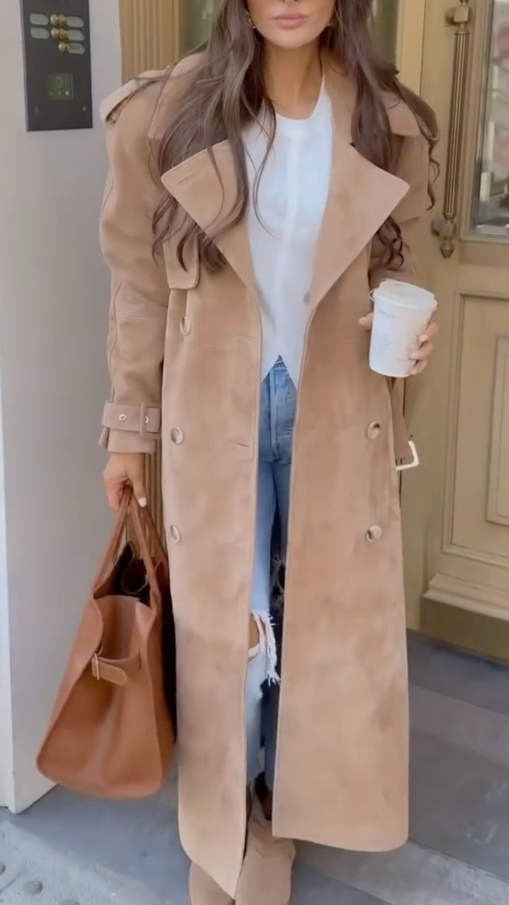 Camel Wide-Lapel Double-Breasted Long Trench Coat