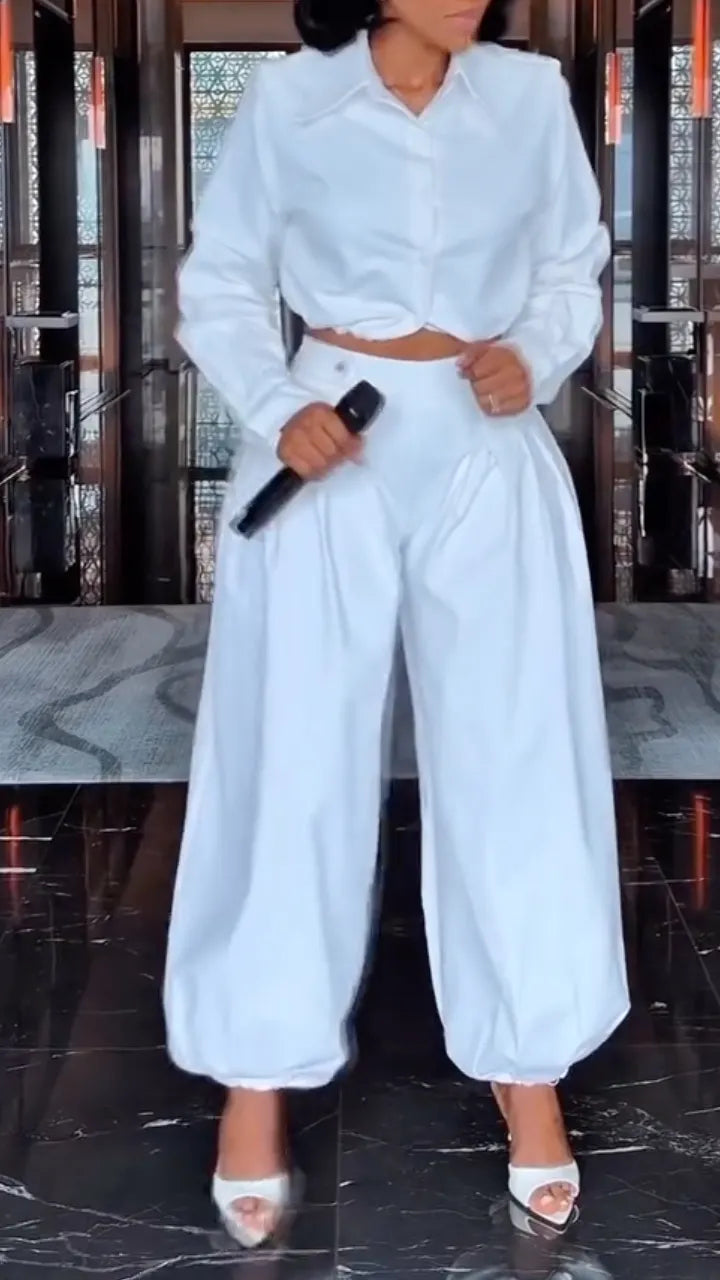 White Cropped Shirt and Balloon Pants Set