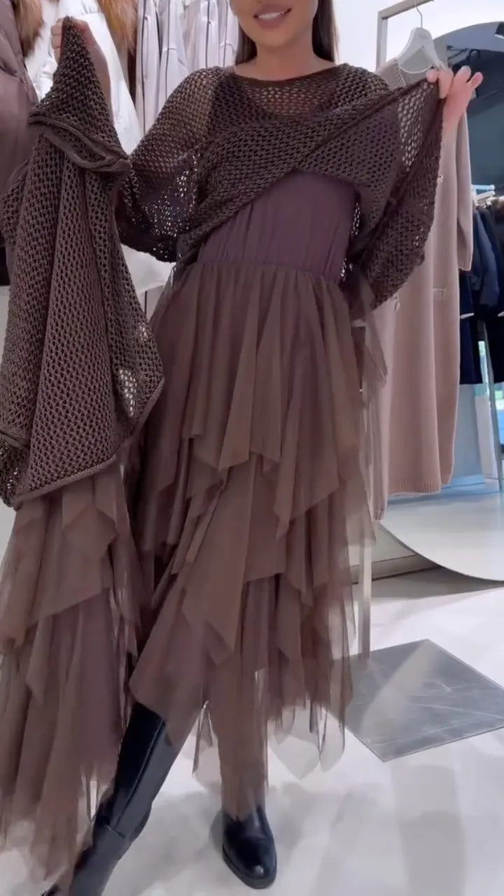 Brown Open-Knit Top & Layered Asymmetric Dress Set
