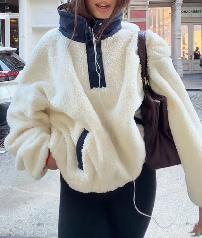 Ivory Contrast-Collar Teddy Fleece Pullover