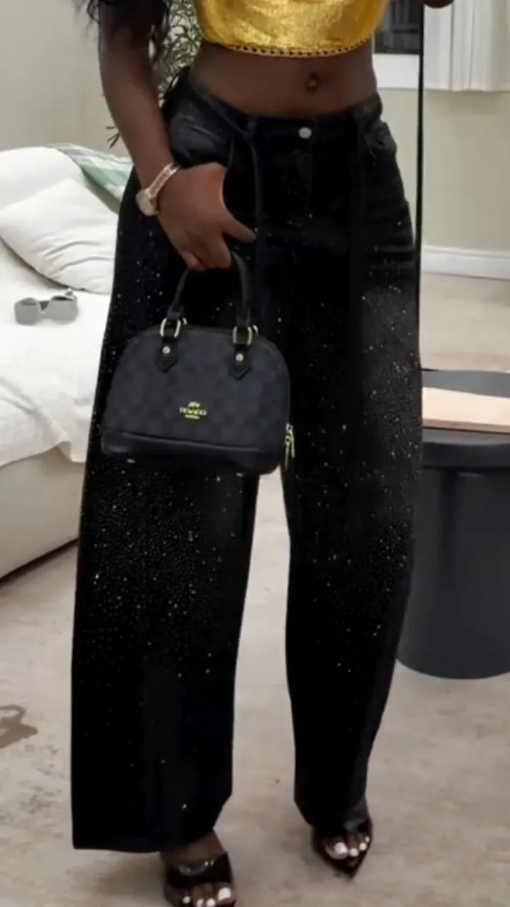 Rhinestone Embellished Wide-Leg Jeans