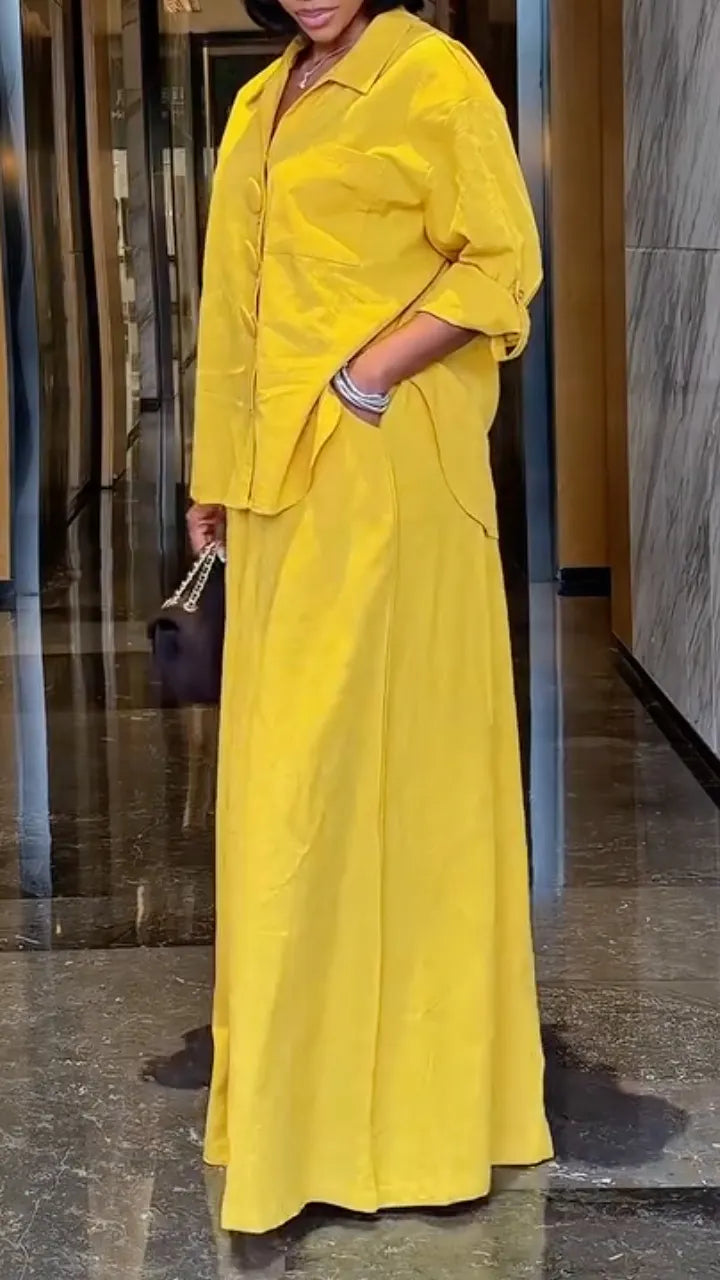 Yellow Oversized Shirt & Wide-Leg Pants Set