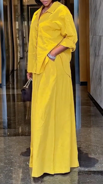 Yellow Oversized Shirt & Wide-Leg Pants Set