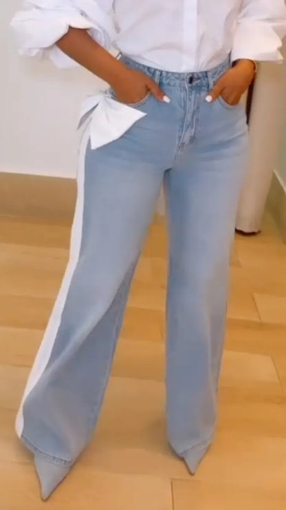 Light-Blue White-Stripe Bow-Detail Wide-Leg Jeans