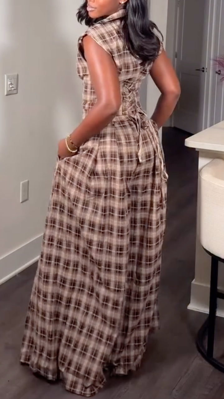 Brown Plaid Tailored Vest & Wide-Leg Pants Set