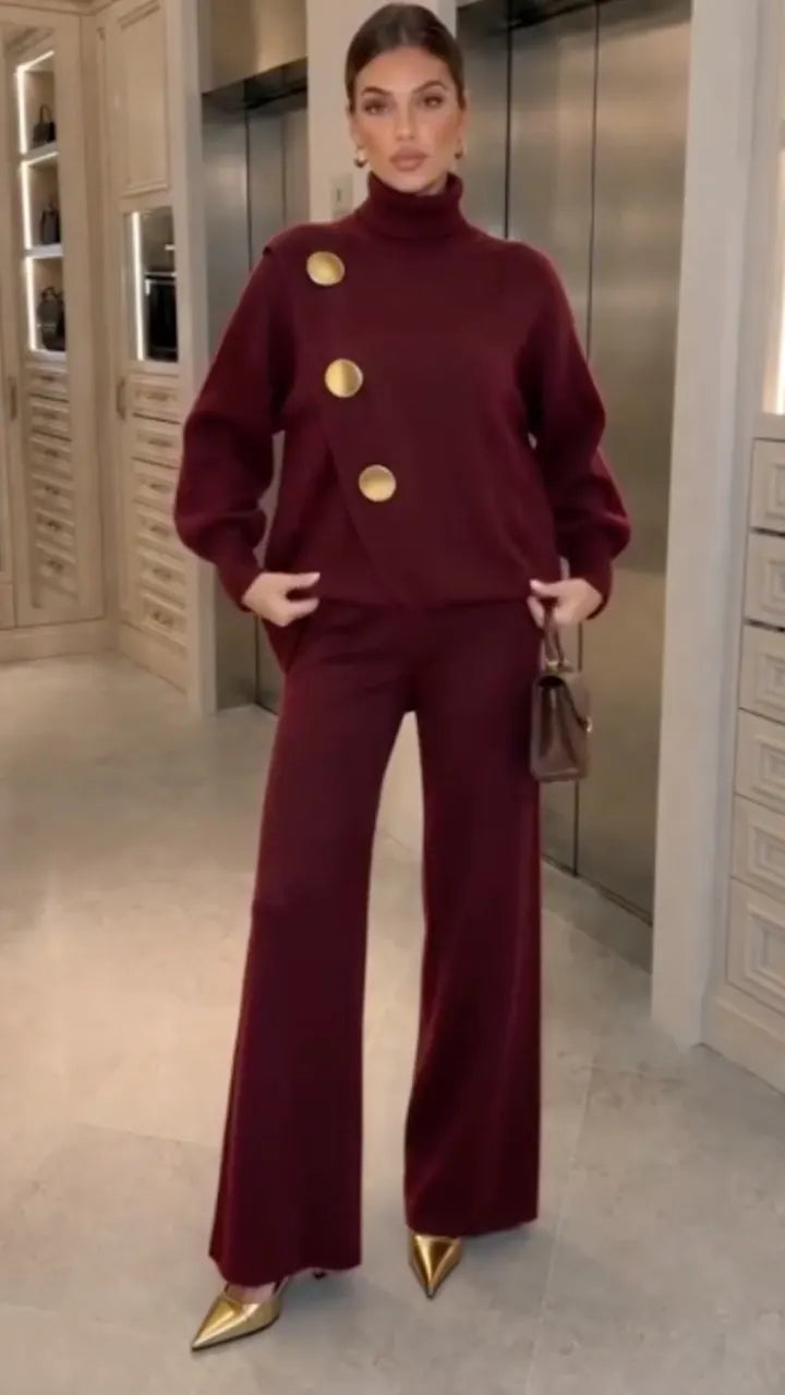 Burgundy High-Neck Gold-Button Top & Wide-Leg Pants Set