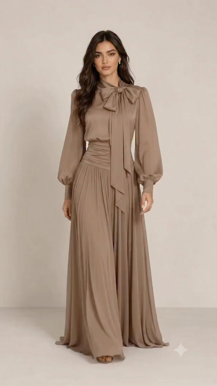 Taupe Bow-Neck Ruched-Waist Dress