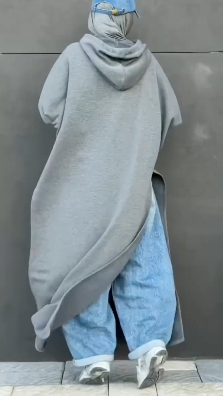 Gray Oversized Hooded Side-Slit Maxi Sweatshirt