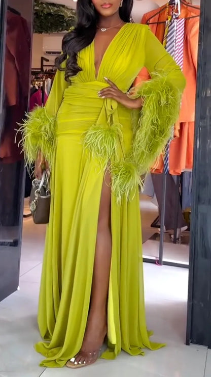 Lime Feather-Trim Ruched Slit Maxi Dress