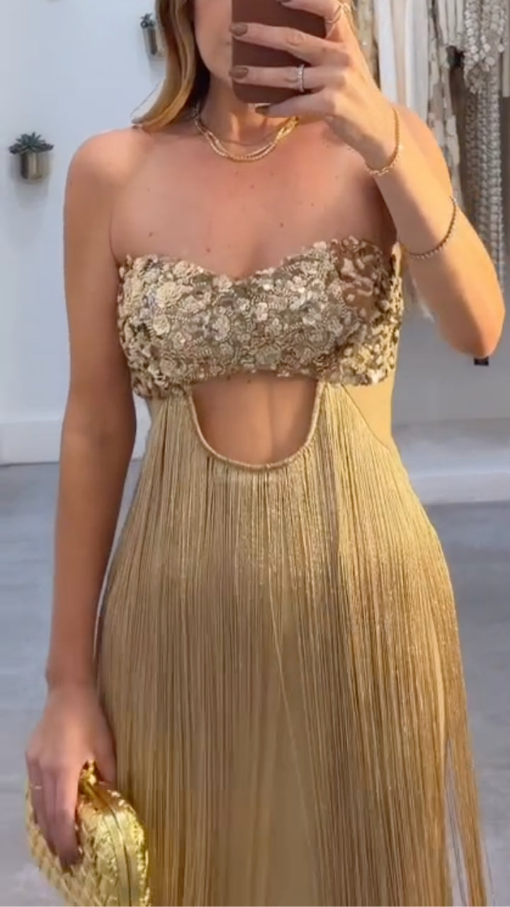 Gold Strapless Cutout Fringe Dress