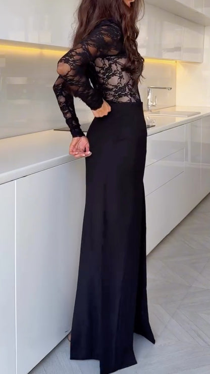 Black Lace Cutout Top & Double-Slit Maxi Skirt Set