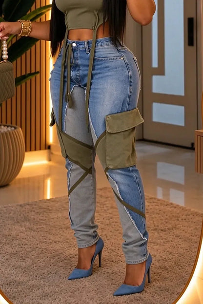 Blue and Olive Patchwork Cargo Jeans
