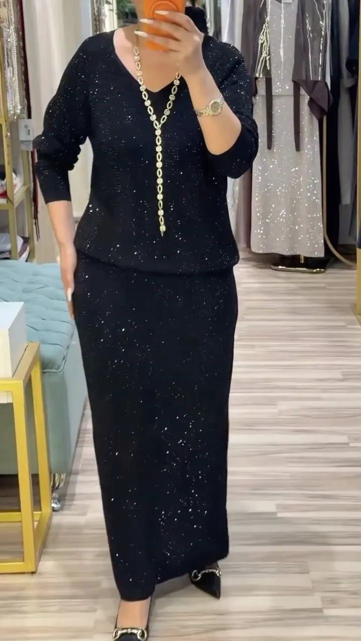 Black Shimmer V-Neck Top & Maxi Skirt Set