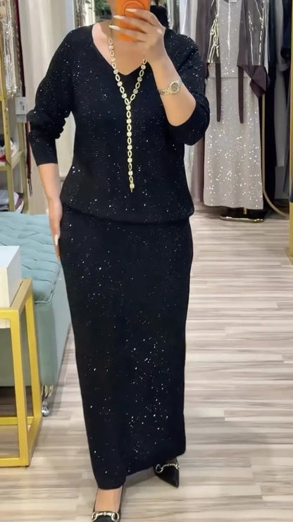 Black Shimmer V-Neck Top & Maxi Skirt Set