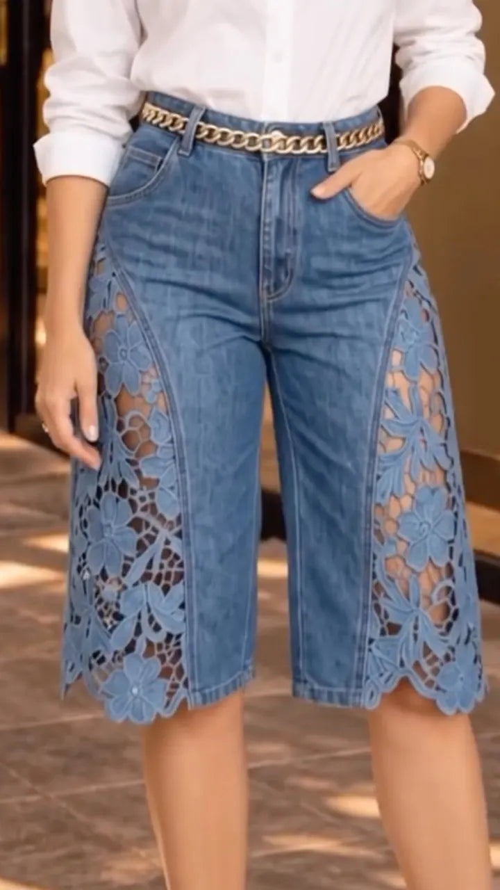 Blue Denim Floral-Lace Panel Culottes