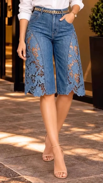 Blue Denim Floral-Lace Panel Culottes