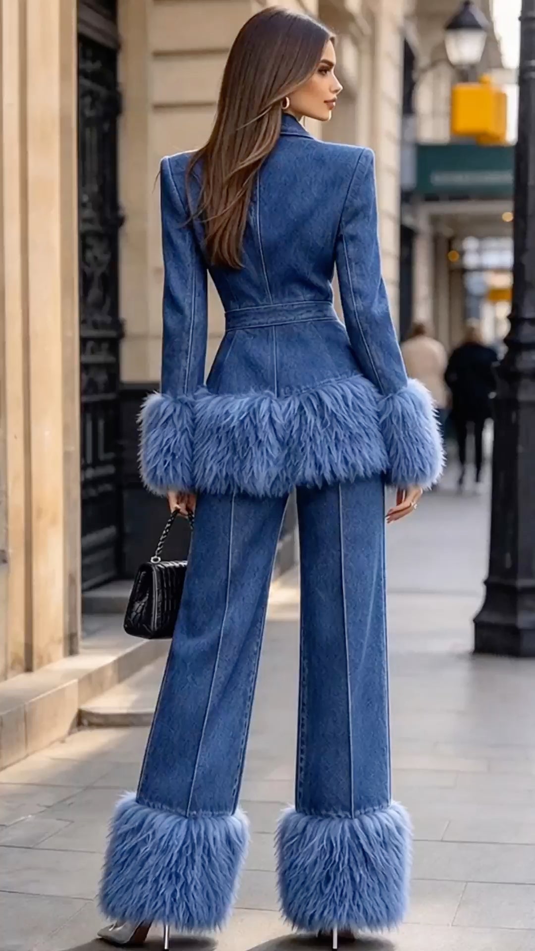 Blue Feather-Effect Trim Denim Pants Suit