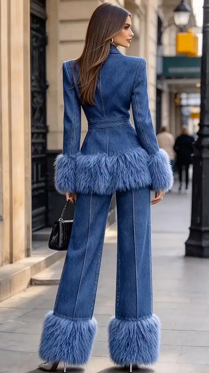 Blue Feather-Effect Trim Denim Pants Suit
