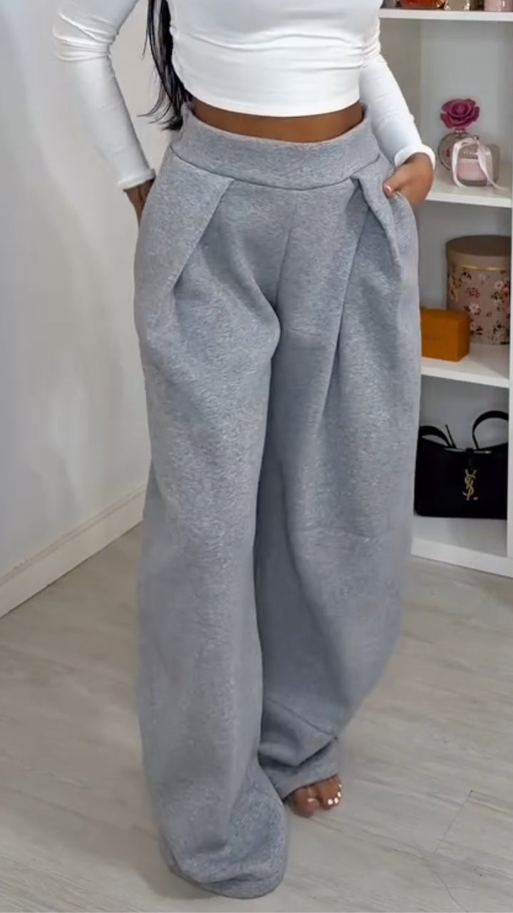 Heather Gray Pleated Wide-Leg Lounge Pants