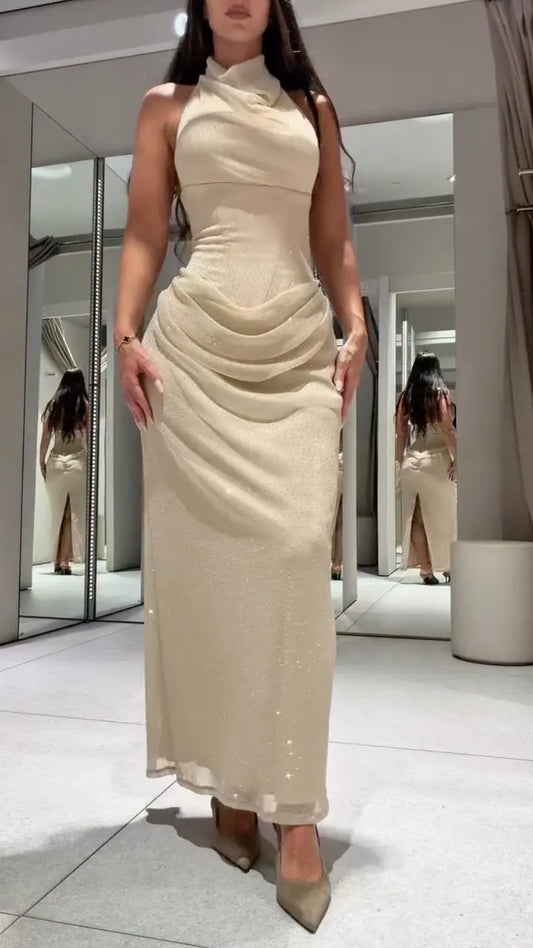 Champagne Draped Halter-Neck Ruched Maxi Dress