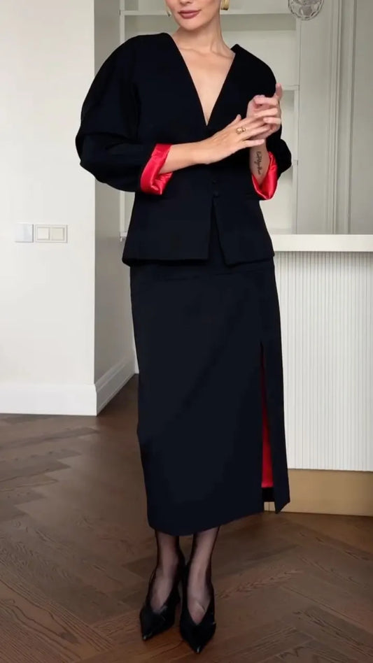 Black Contrast-Red Cuff Top and Slit Midi Skirt Set