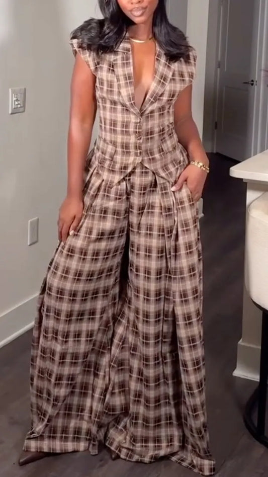 Brown Plaid Tailored Vest & Wide-Leg Pants Set