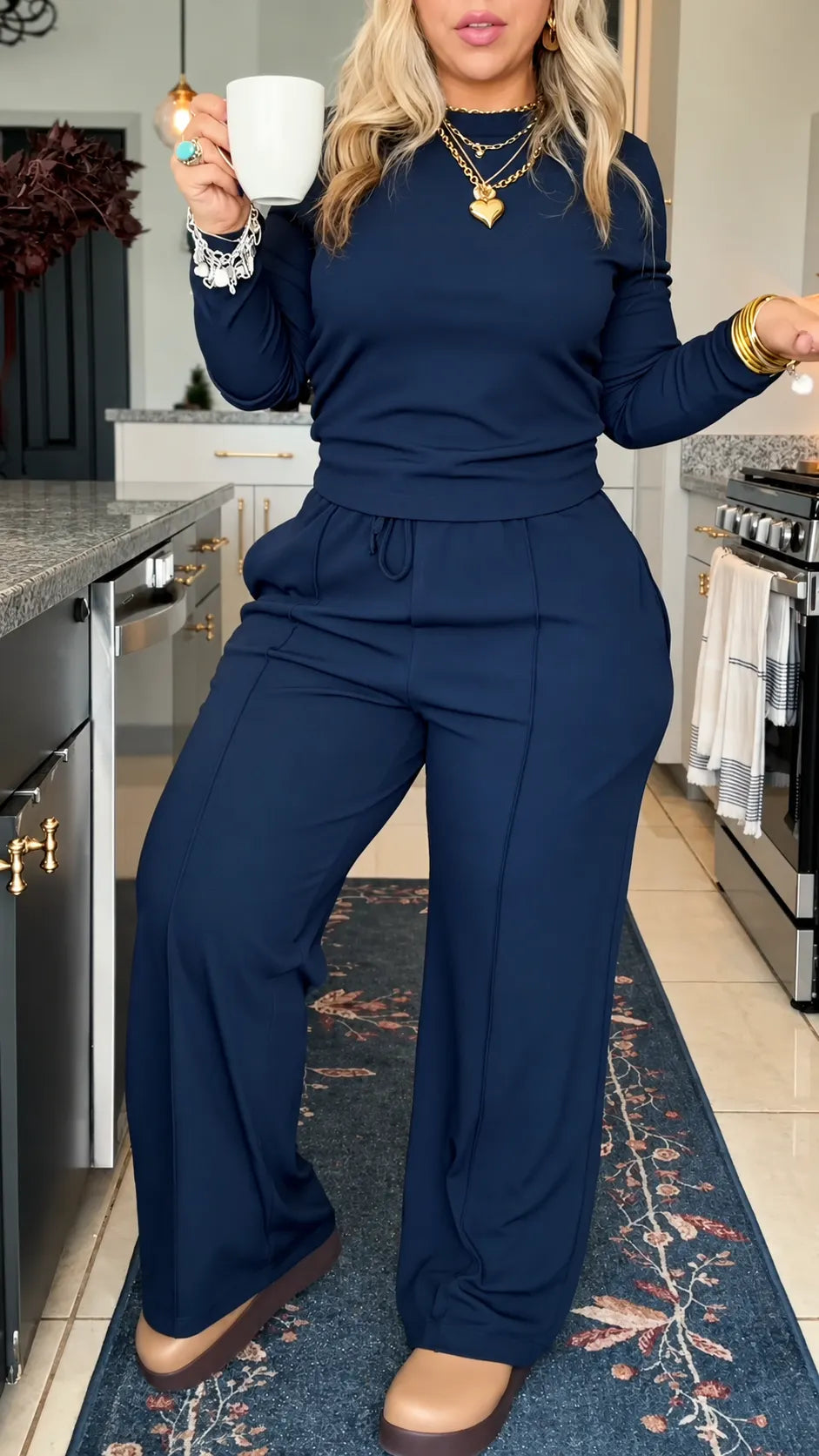 Navy Mock-Neck Sweatshirt and Drawstring Wide-Leg Pants Set