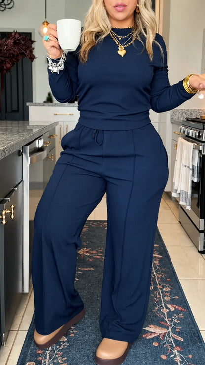 Navy Mock-Neck Sweatshirt and Drawstring Wide-Leg Pants Set