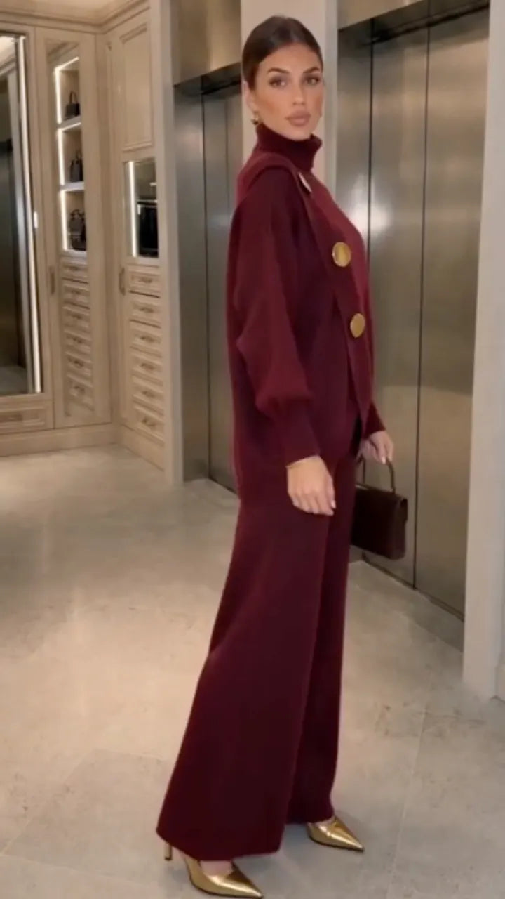 Burgundy High-Neck Gold-Button Top & Wide-Leg Pants Set