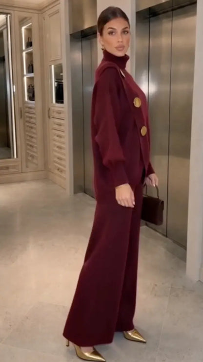 Burgundy High-Neck Gold-Button Top & Wide-Leg Pants Set