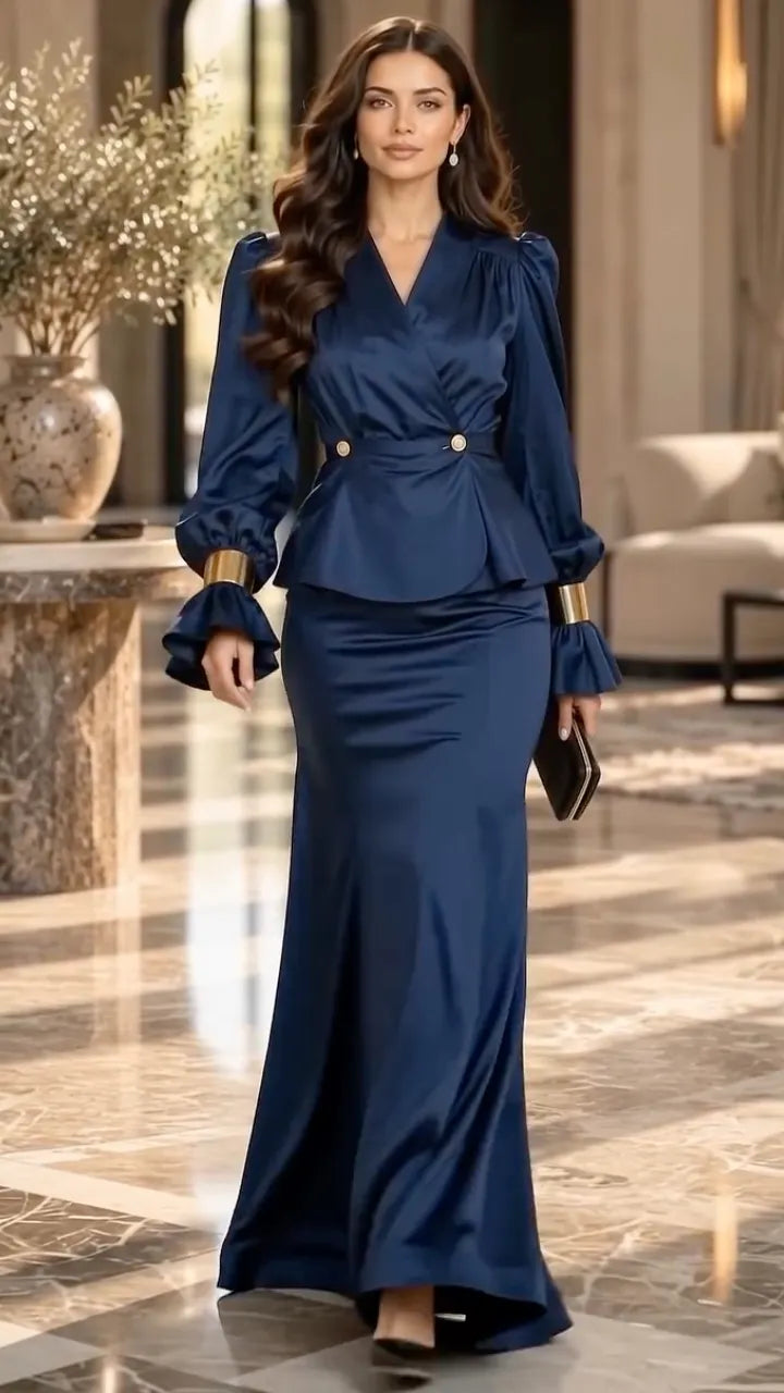 Champagne Wrap-Front Peplum Top and Maxi Skirt Set