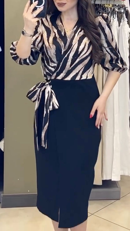 Zebra-Print Wrap-Bodice Contrast Pencil Midi Dress