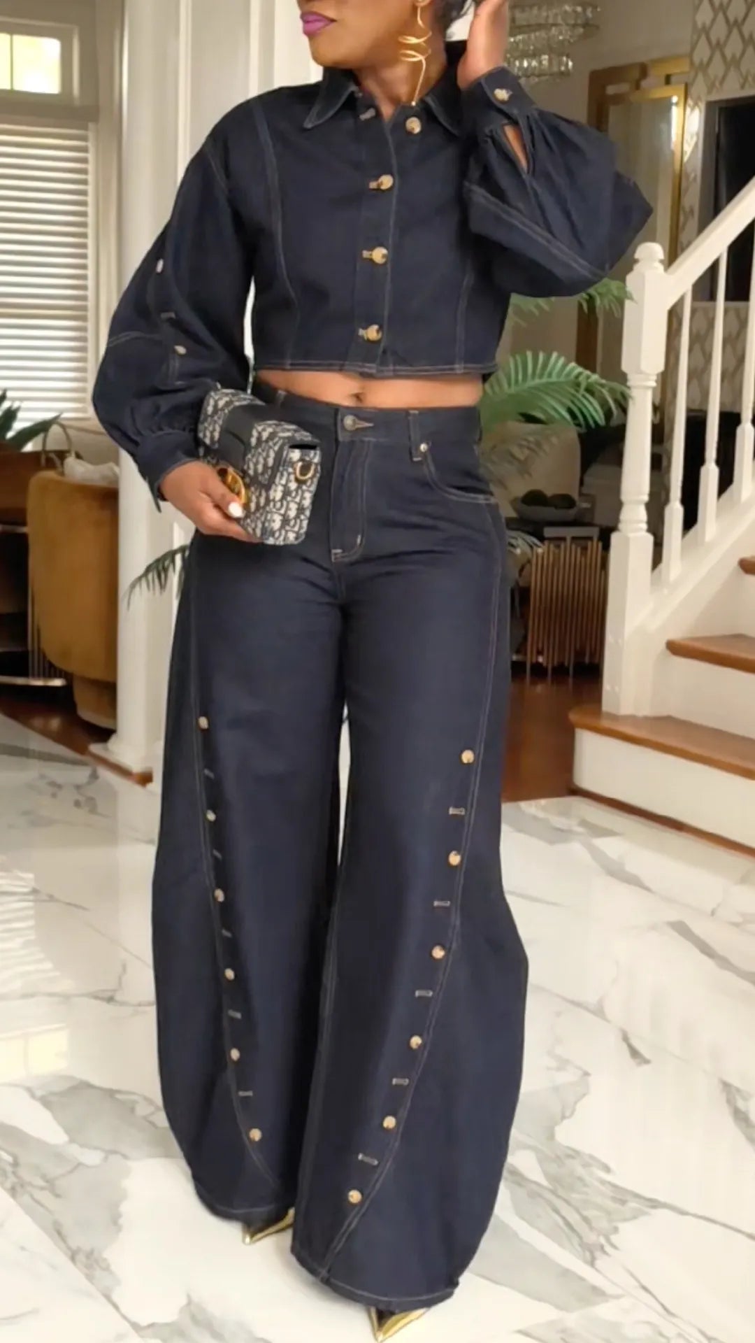 Dark Denim Gold-Button Cropped Jacket & Wide-Leg Jeans Set
