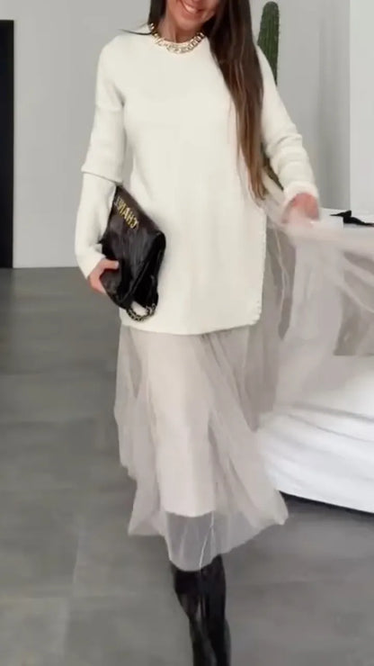 Gray Knit & Sheer Tulle-Hem Midi Dress