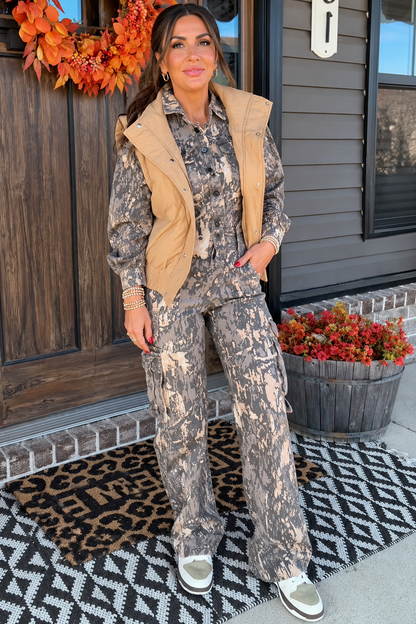 Gray Woodland-Camo Long-Sleeve Cargo Jumpsuit