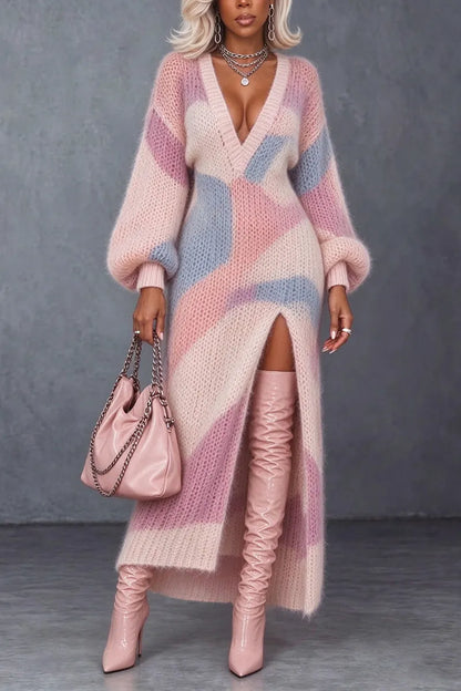 Pastel Colorblock Deep-V Balloon-Sleeve Knit Maxi Dress