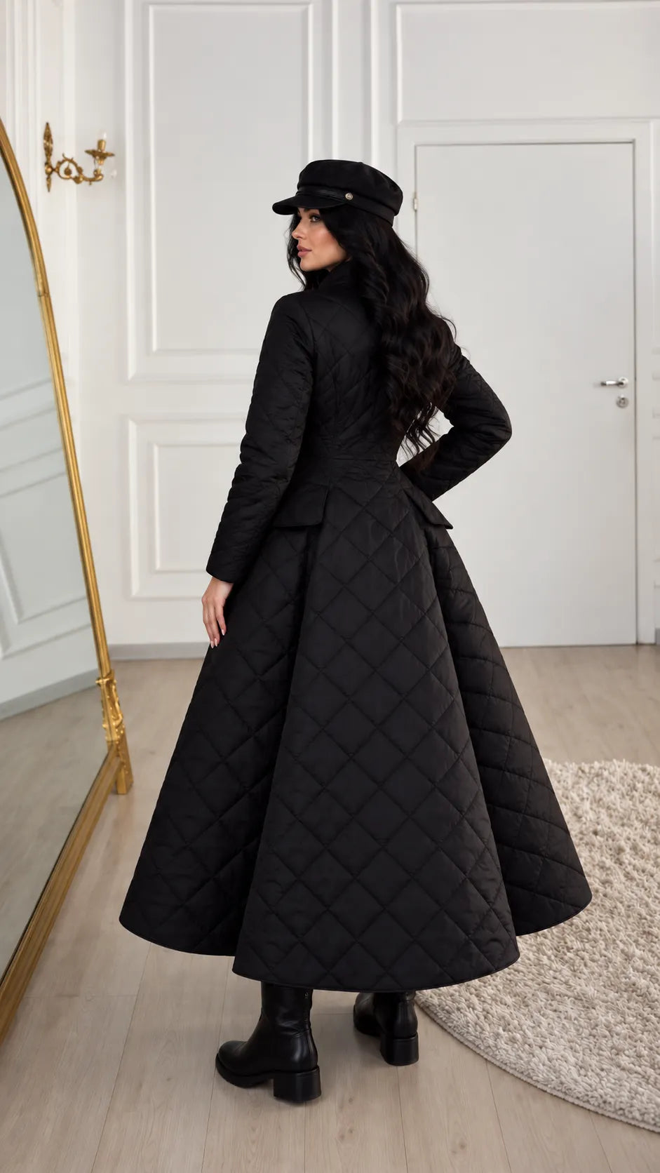 Black Diamond-Quilted Fit-and-Flare Long Coat