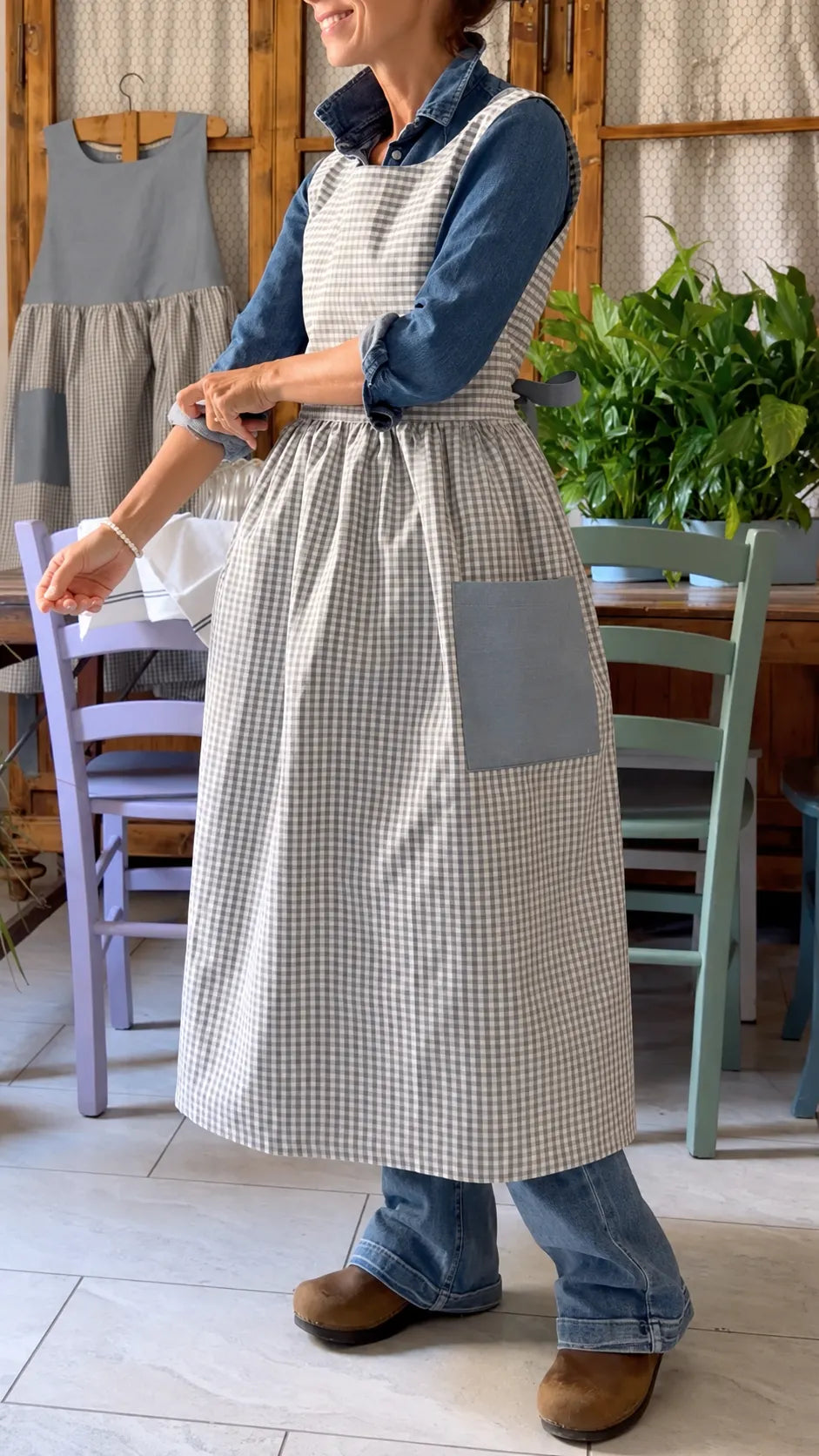 Gray Gingham Contrast-Pocket Pinafore Dress