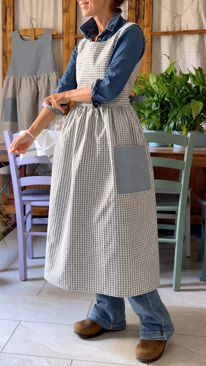 Gray Gingham Contrast-Pocket Pinafore Dress