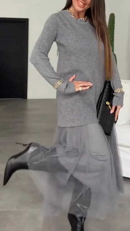 Gray Knit & Sheer Tulle-Hem Midi Dress