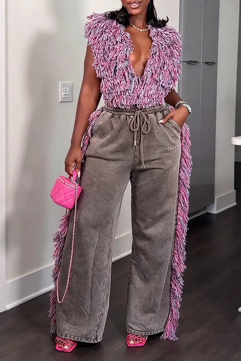 Pink Shaggy-Fringe Top & Washed Gray Wide-Leg Pants Set