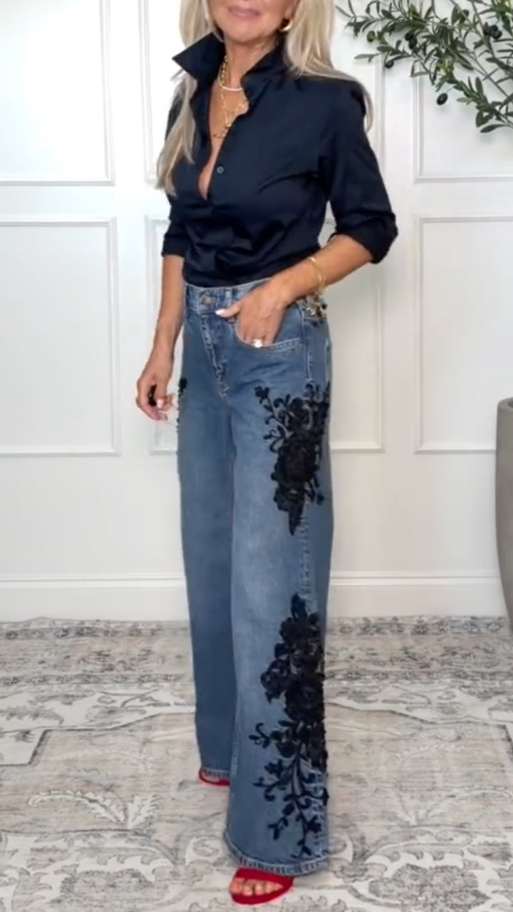 Blue Black-Floral Applique Wide-Leg Jeans