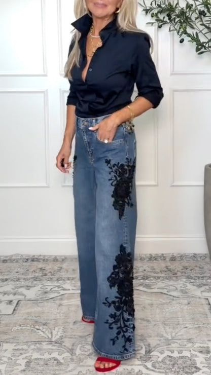 Blue Black-Floral Applique Wide-Leg Jeans