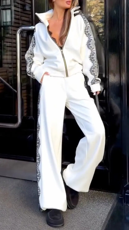 White Floral-Lace Stripe Zip Jacket & Wide-Leg Pants Set
