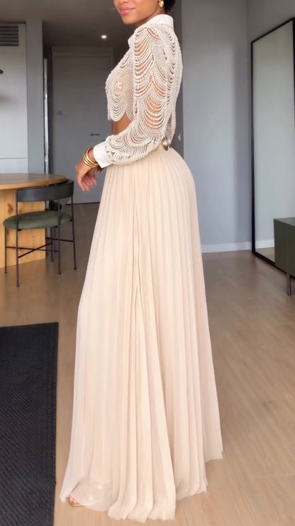 Ivory Ornate Lace Blouse & Pleated Maxi Skirt Set