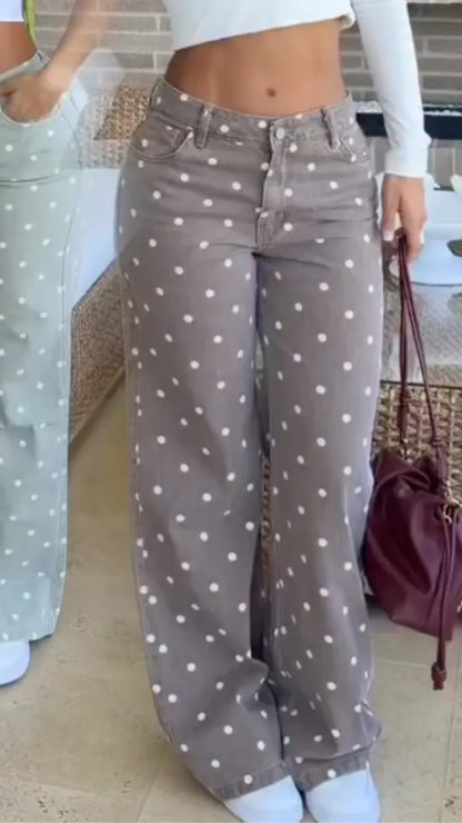 Taupe Polka-Dot High-Waisted Wide-Leg Jeans