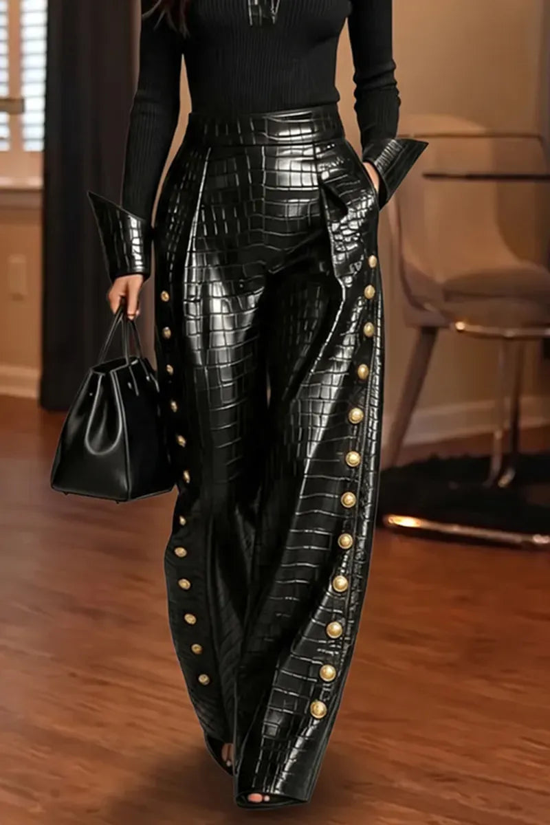 Black Croc-Texture Gold-Button Wide-Leg Pants